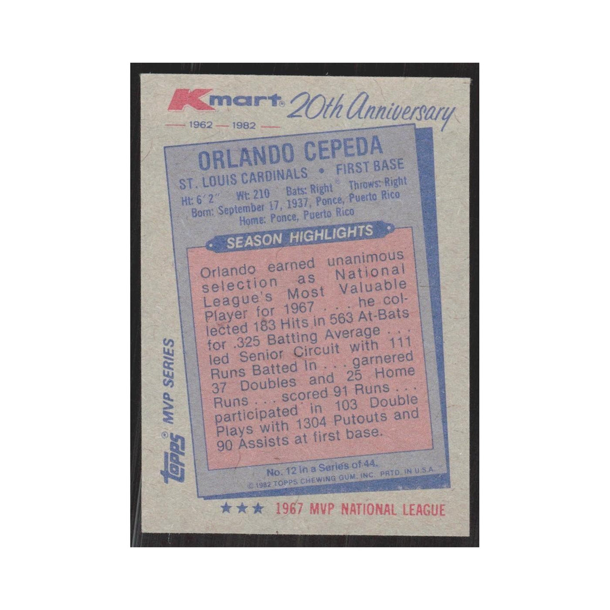 1982 Topps Kmart Orlando Cepeda Cardinals #12