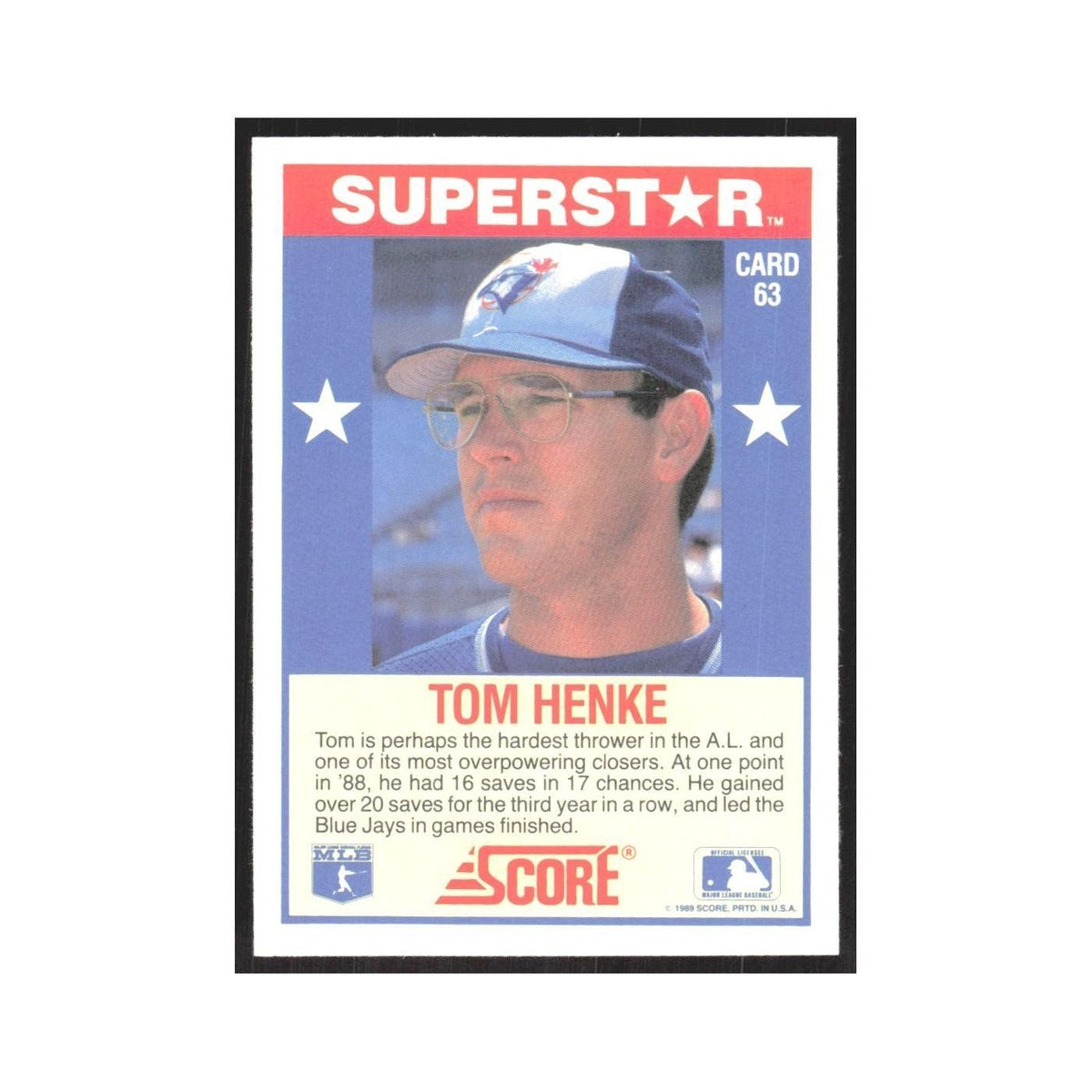 1989 Score Superstars Tom Henke Blue Jays #63
