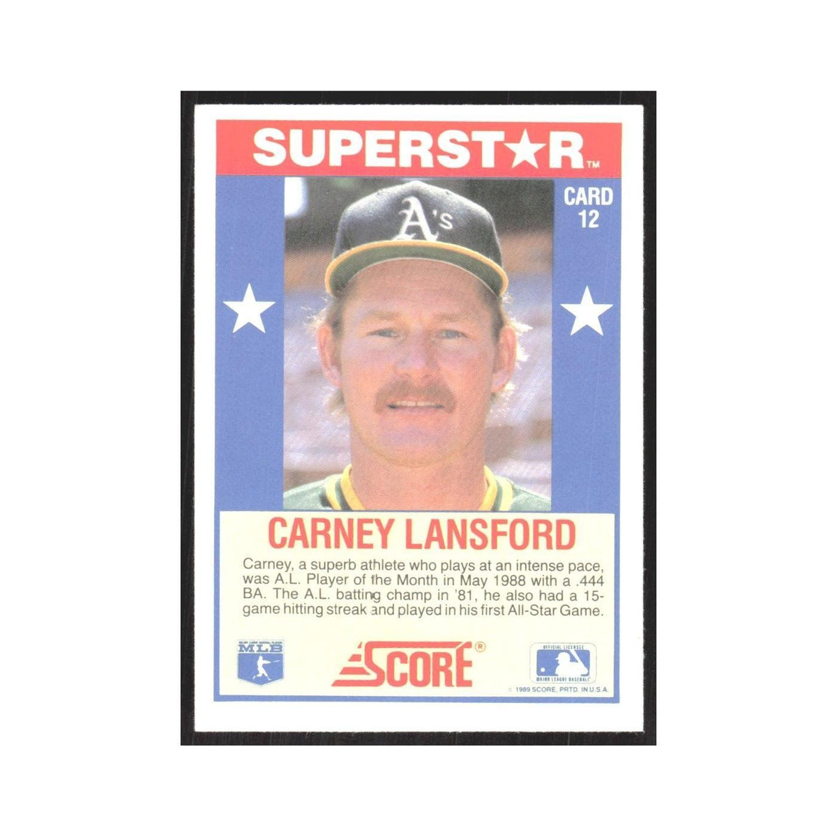 1989 Score Superstars Carney Lansford Athletics #12