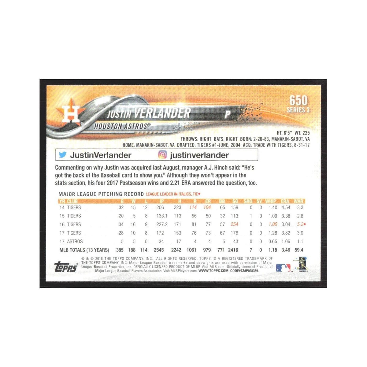 2018 Topps Justin Verlander Astros #650