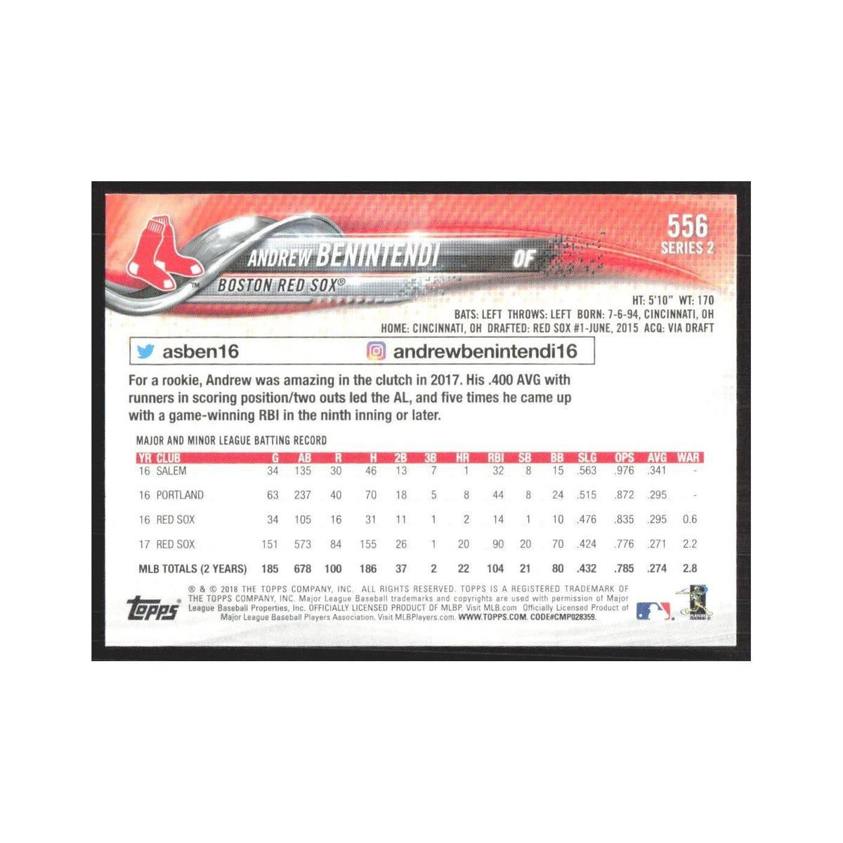 2018 Topps Andrew Benintendi Red Sox #556