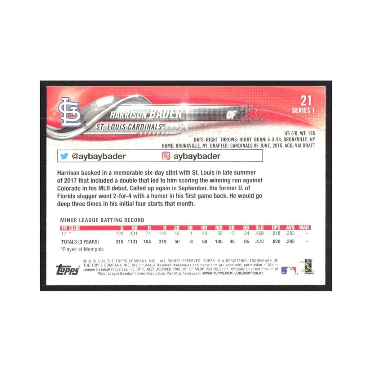 2018 Topps Harrison Bader RC Cardinals #21
