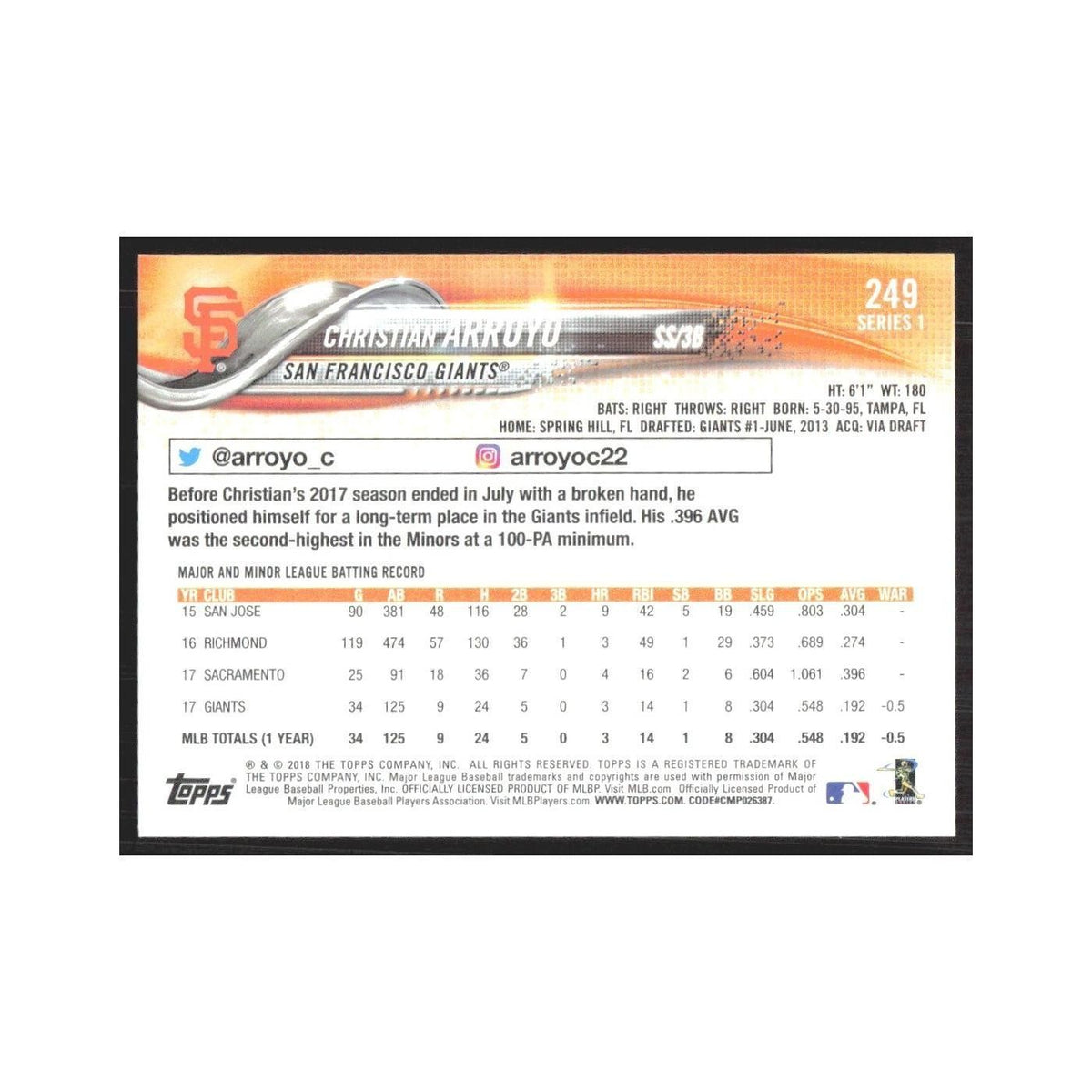 2018 Topps Christian Arroyo Giants #249