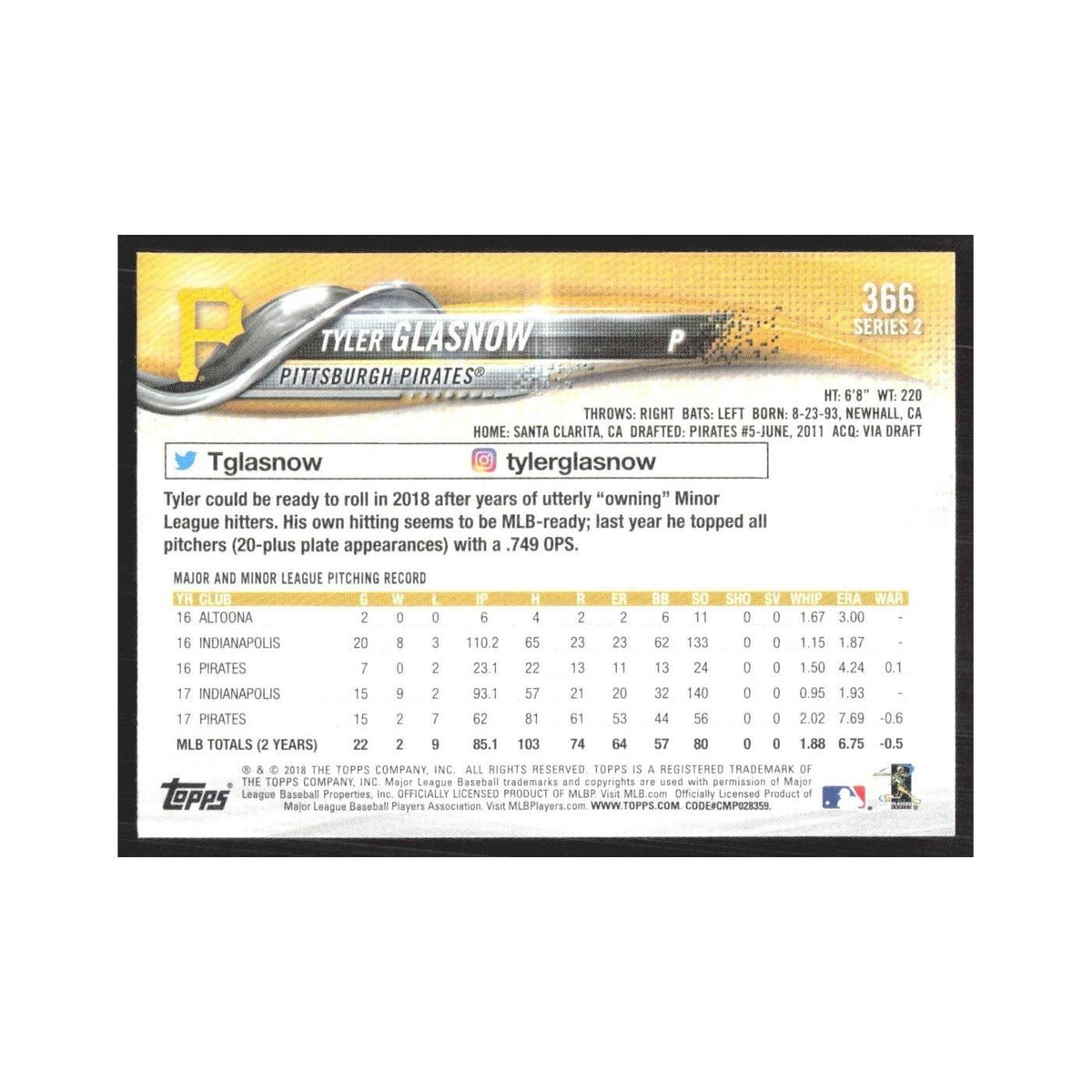 2018 Topps Tyler Glasnow Pirates #366