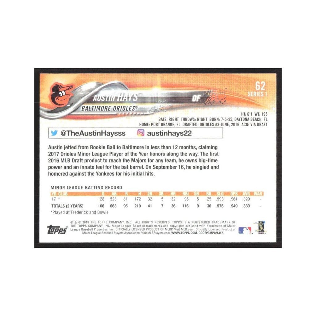 2018 Topps Austin Hays RC Orioles #62