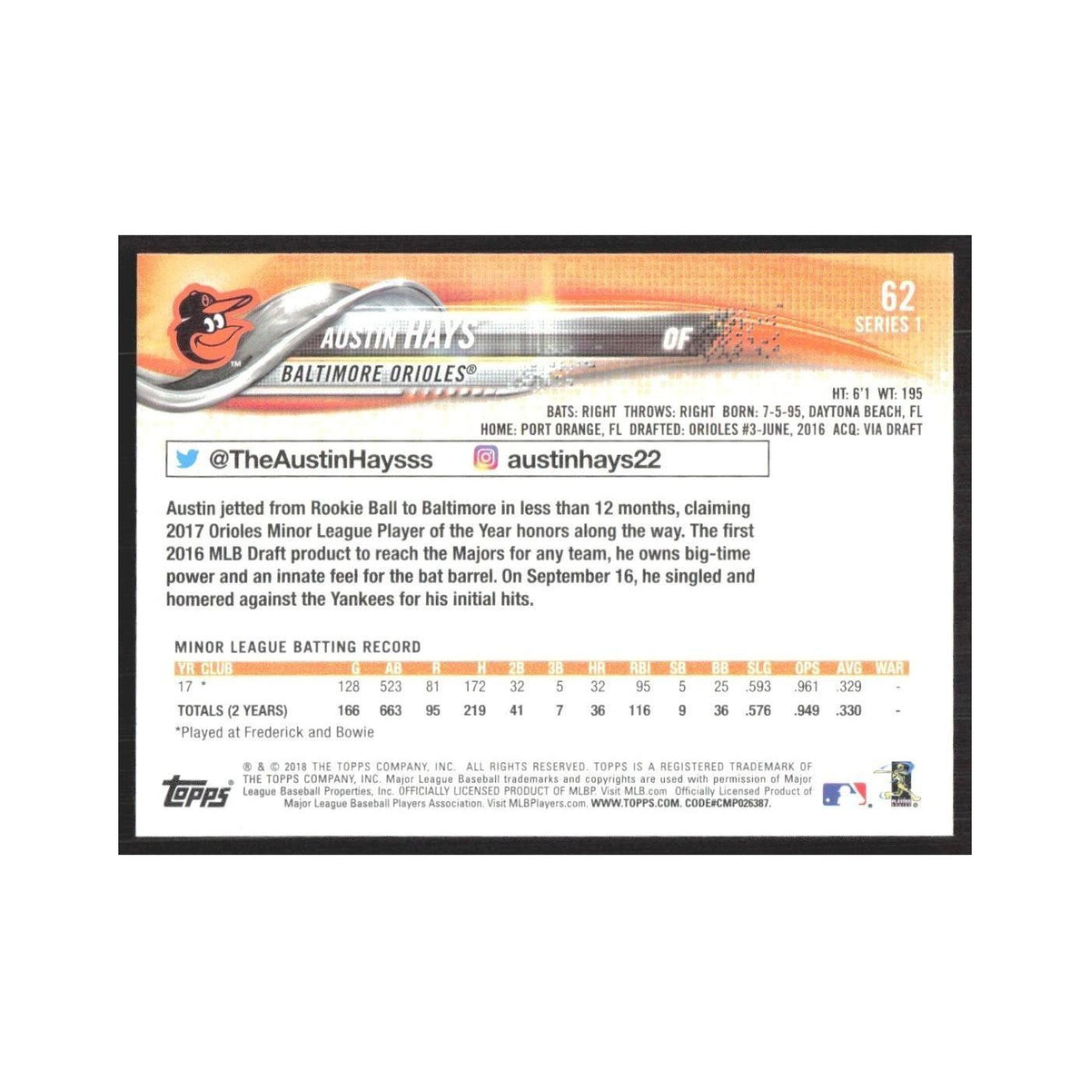 2018 Topps Austin Hays RC Orioles #62