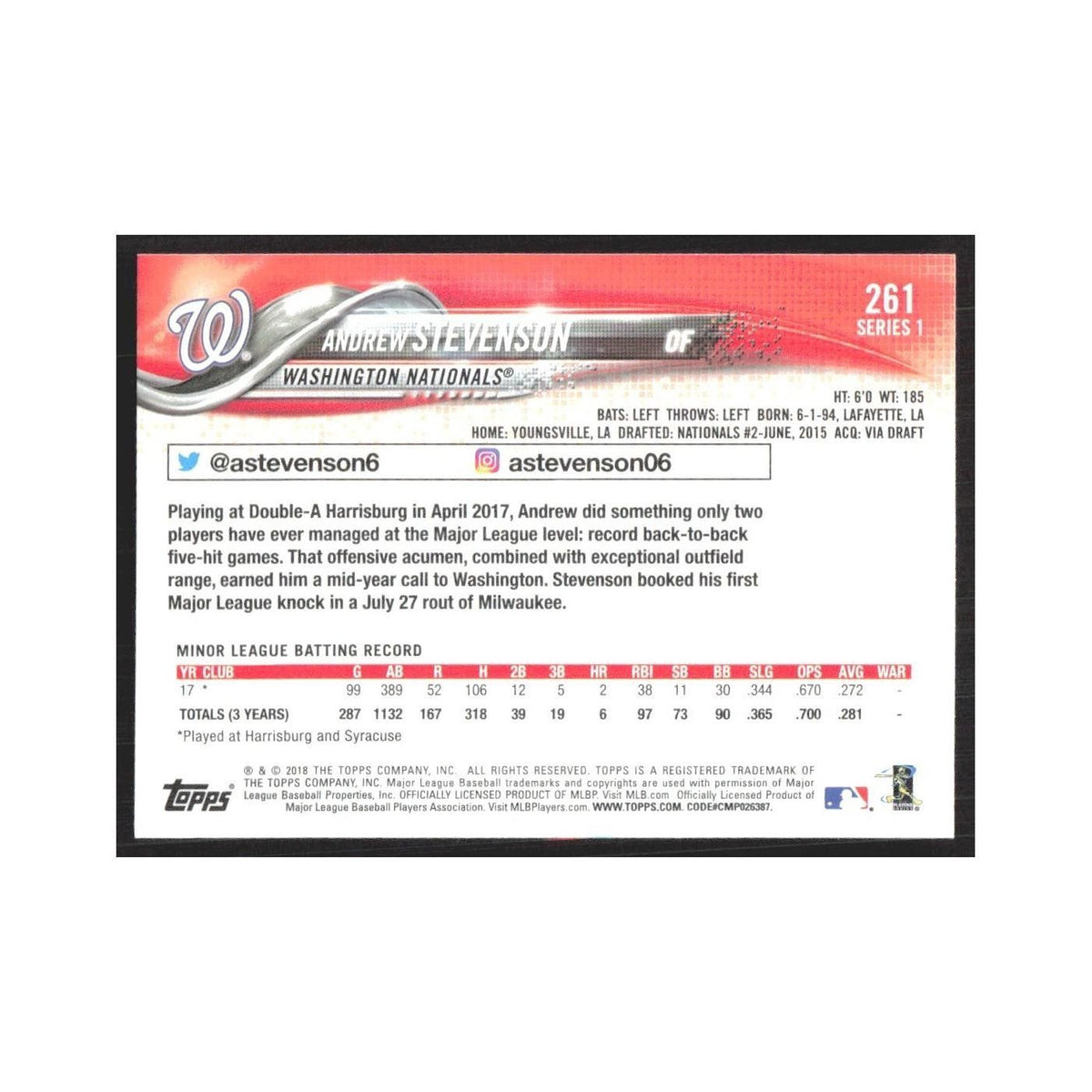 2018 Topps Andrew Stevenson RC Nationals #261