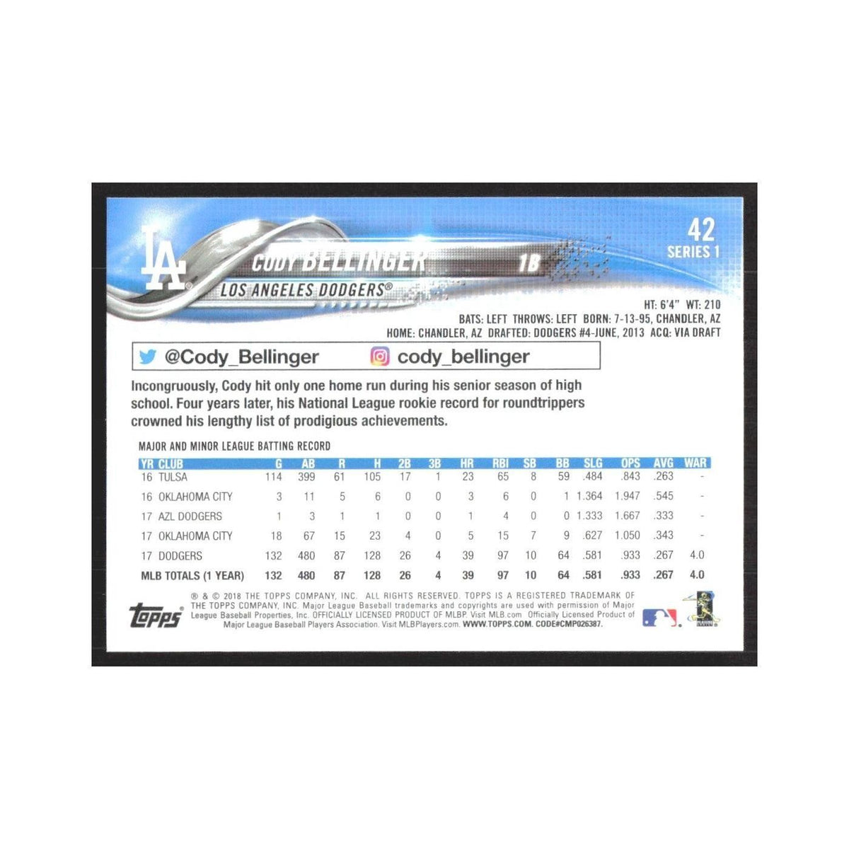 2018 Topps Cody Bellinger Dodgers #42