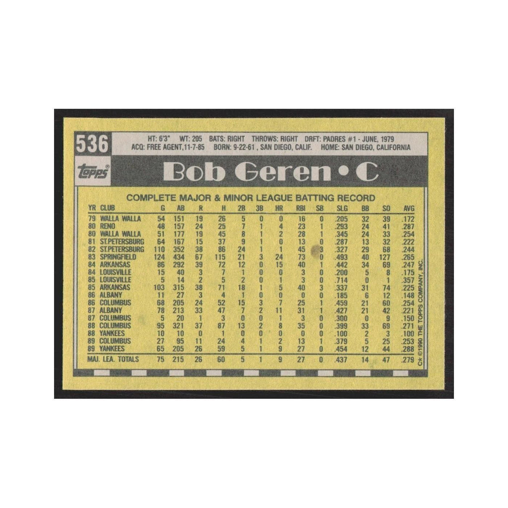 1990 Topps Bob Geren Yankees #536.0