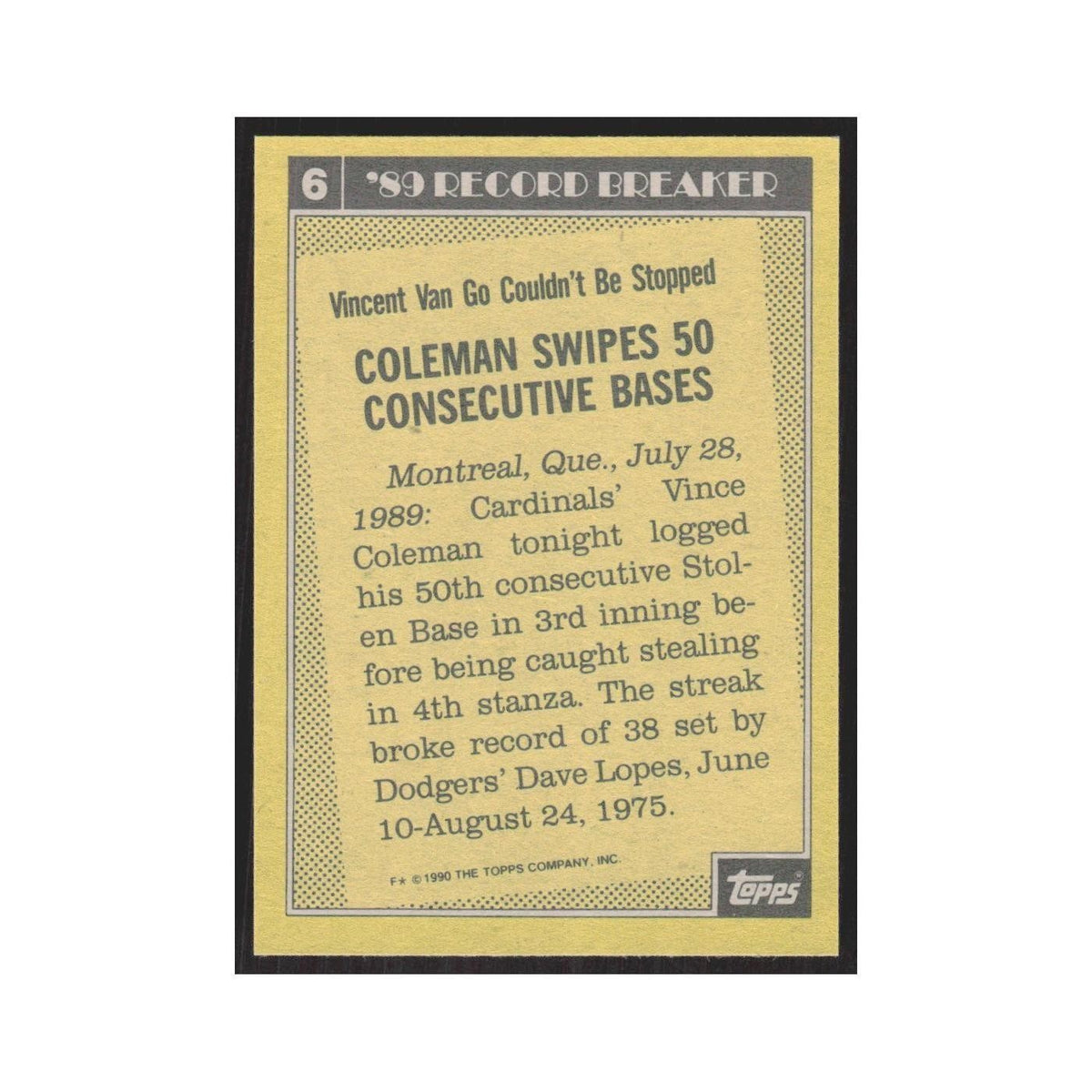 1990 Topps Vince Colman Cardinals #6.0