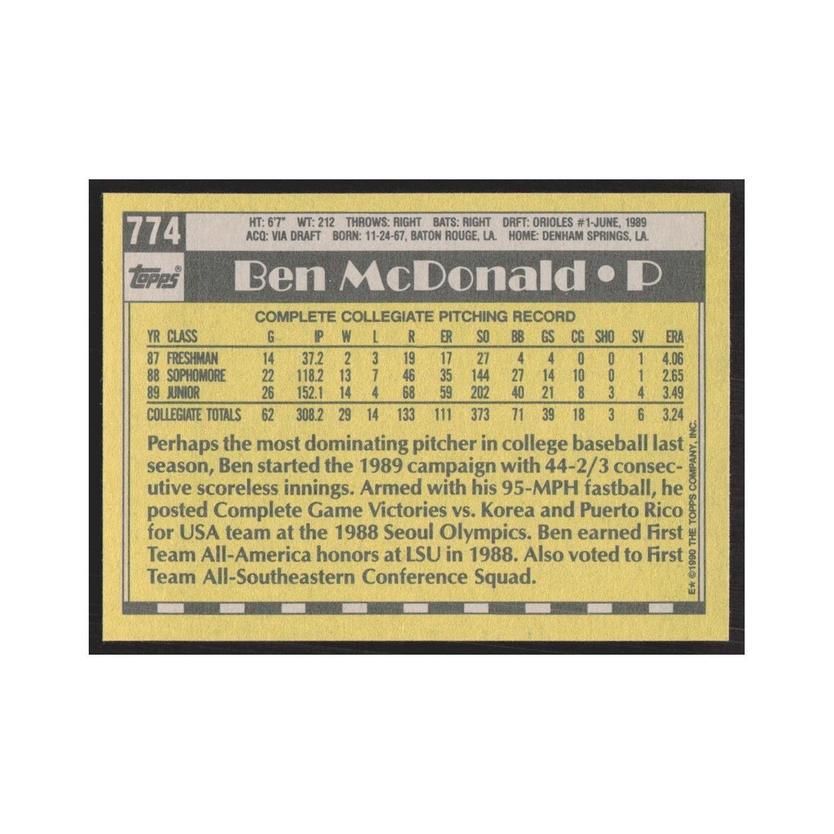 1990 Topps Ben McDonald Orioles #774.0