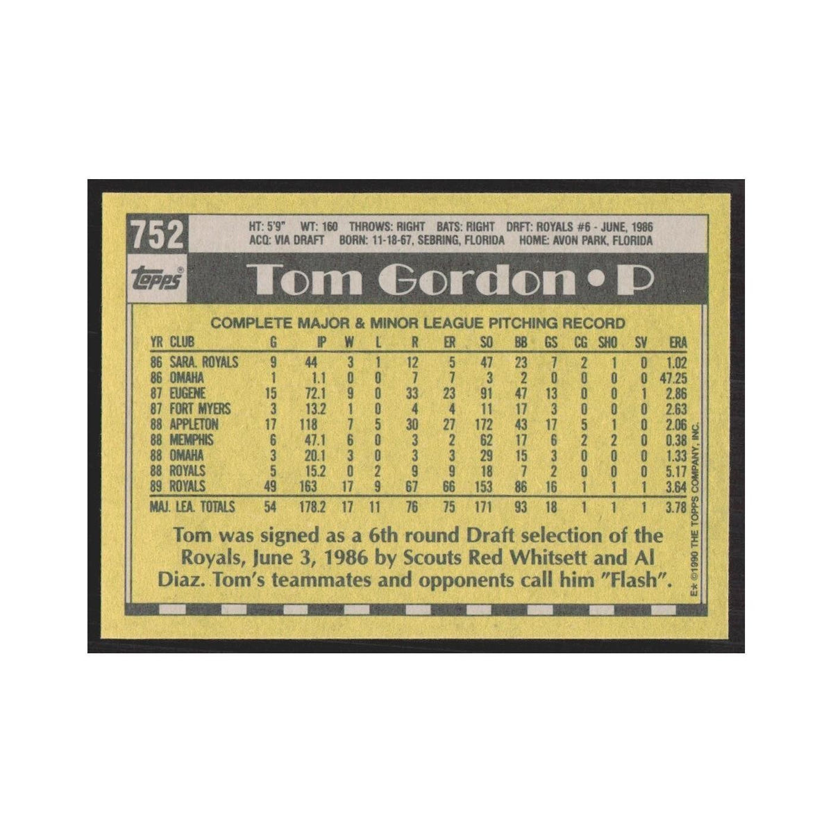1990 Topps Tom Gordon Royals #752.0