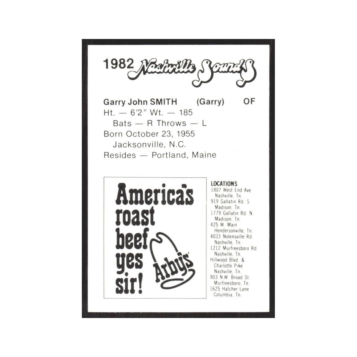 1982 Arbys Minor Leage Garry Smith Nashville Sounds #nan