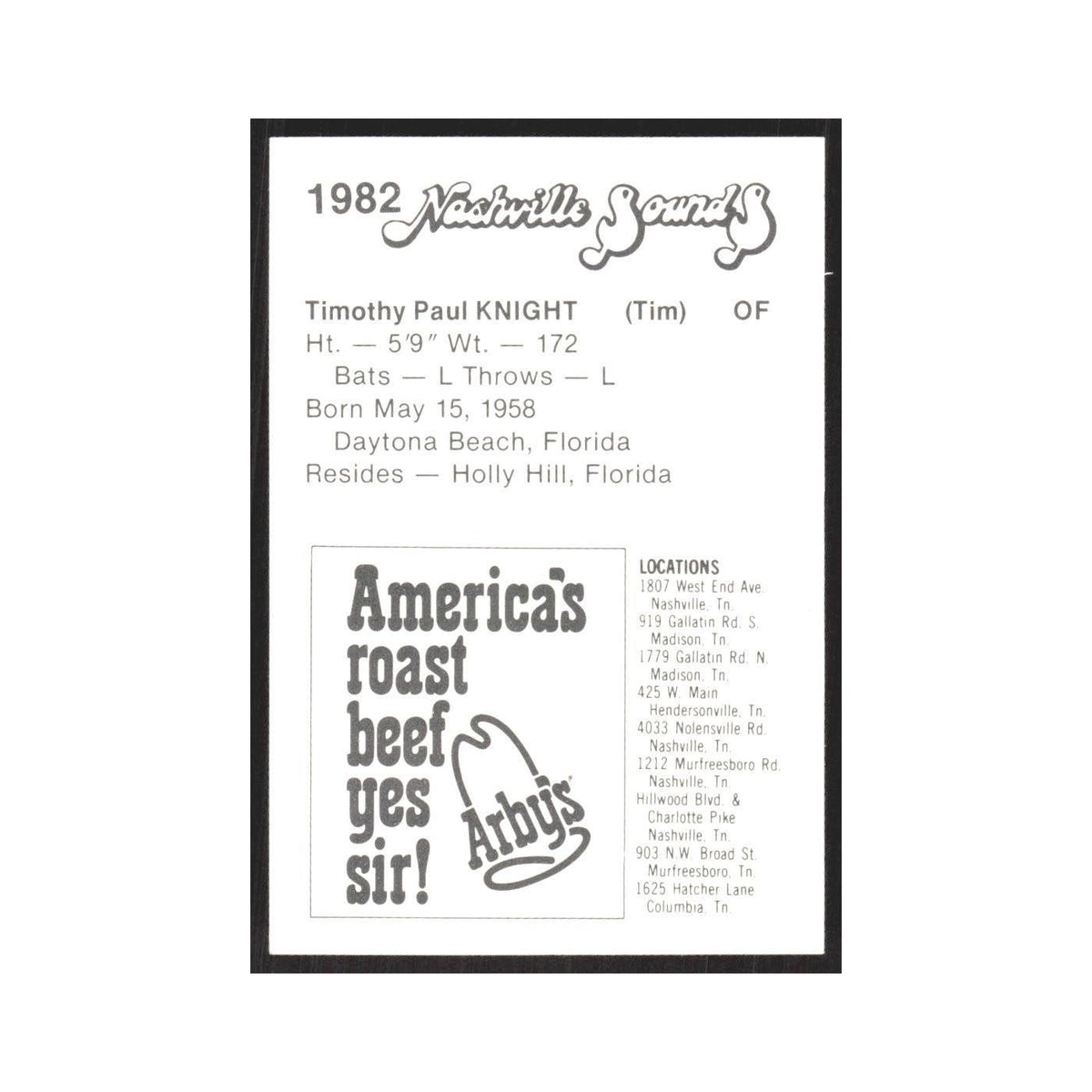 1982 Arbys Minor Leage Tim Knight Nashville Sounds #nan