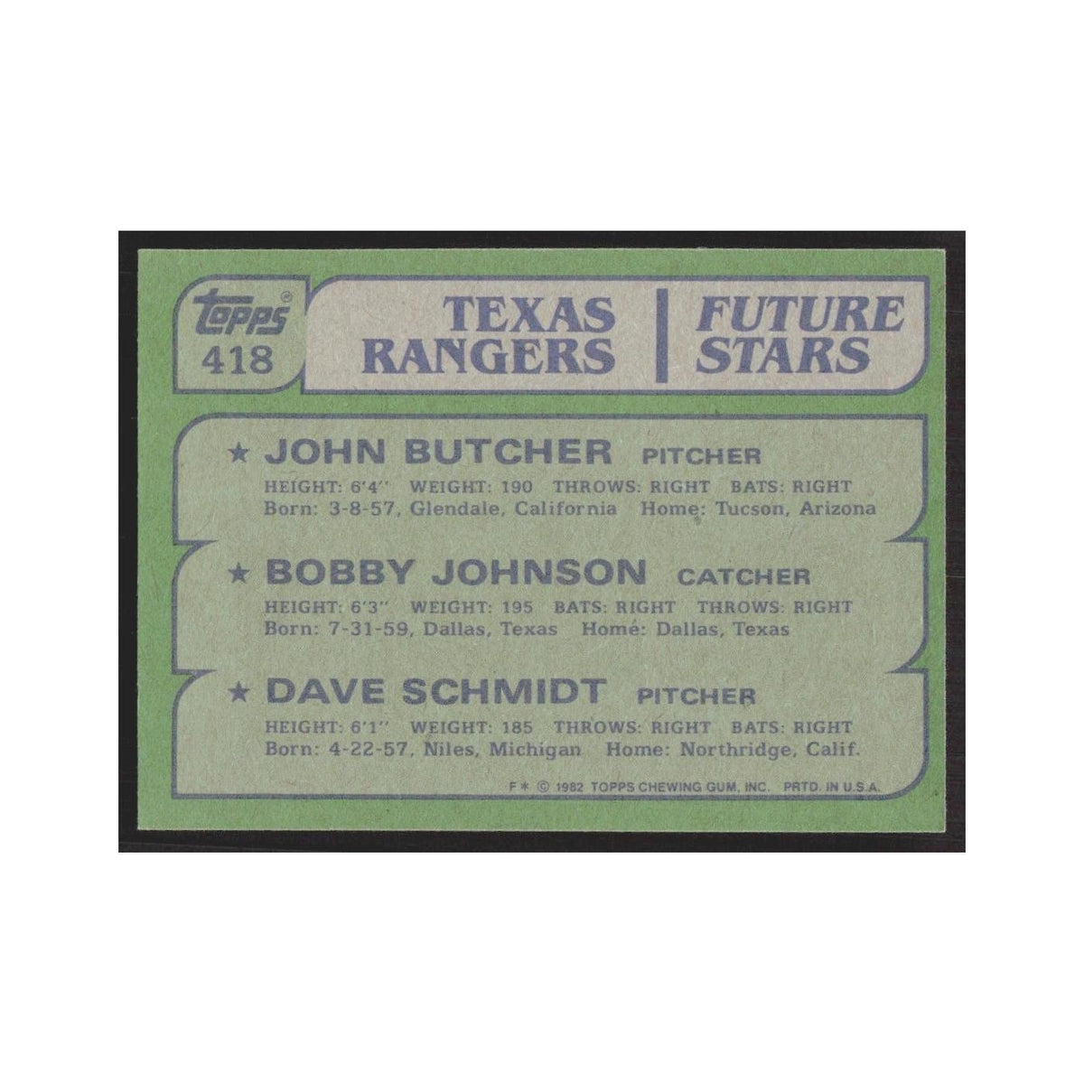 1982 Topps John Butcher/Bobby Johnson/Dave Schmidt Rangers #418
