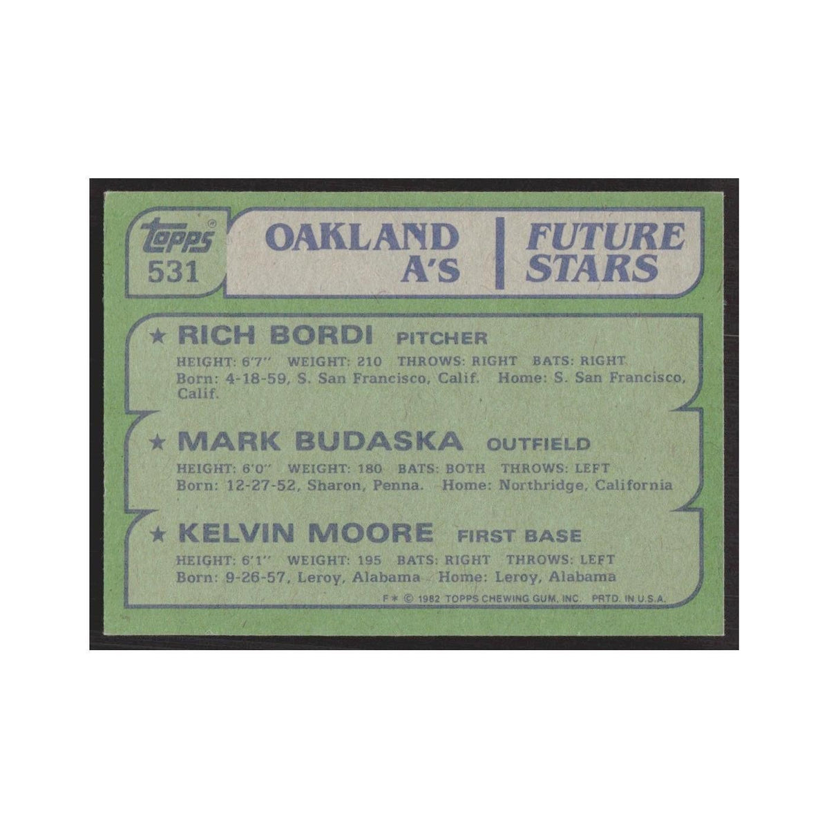 1982 Topps Rich Bordi/Mark Budaska/Kelvin Moore Athletics #531