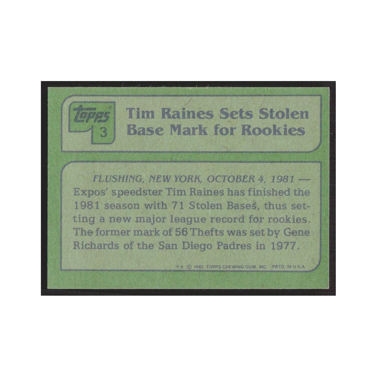 1982 Topps Tim Raines Montreal Expos #3