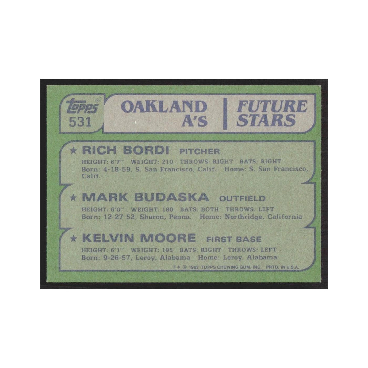 1982 Topps Rich Bordi/Mark Budaska/Kelvin Moore Athletics #531