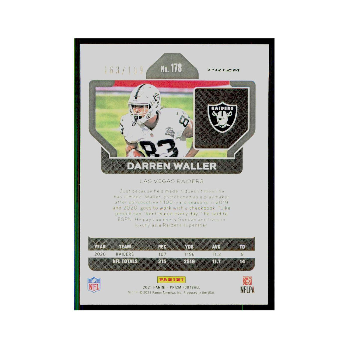 2021 Panini Prizm Blue Wave Darren Waller 163/199 Raiders #178