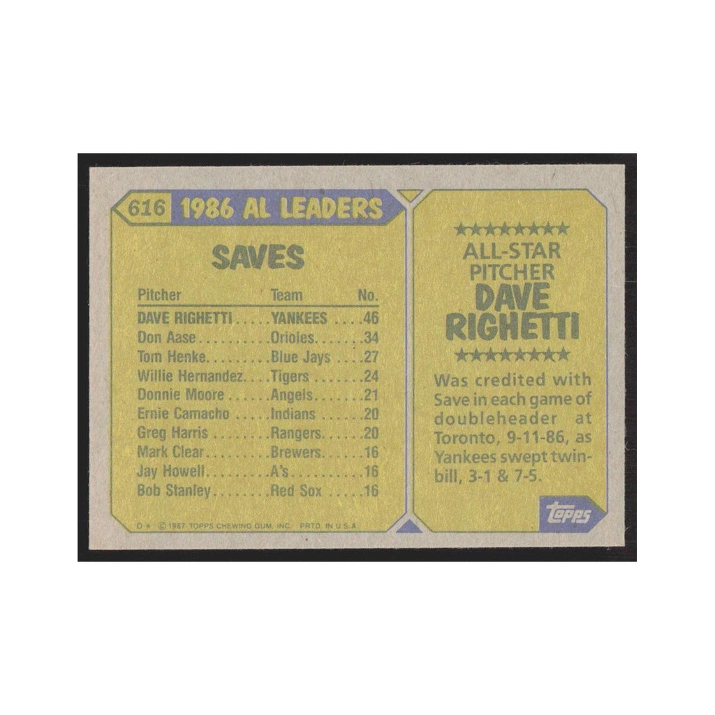 1987 Topps Dave Righetti Yankees #616
