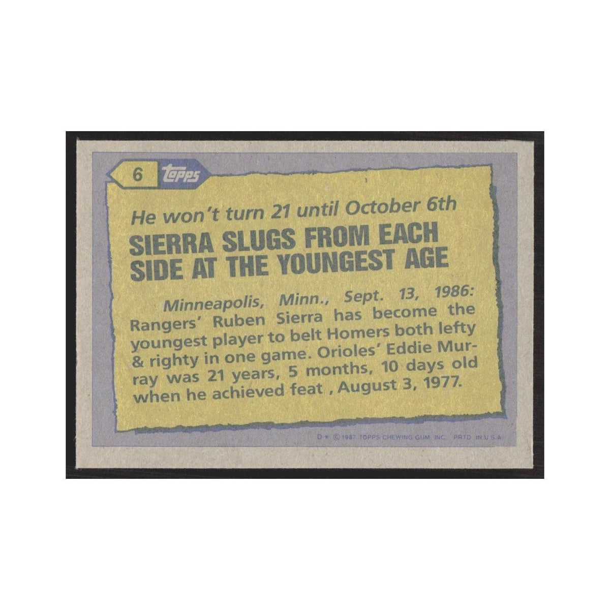 1987 Topps Ruben Sierra Rangers #6