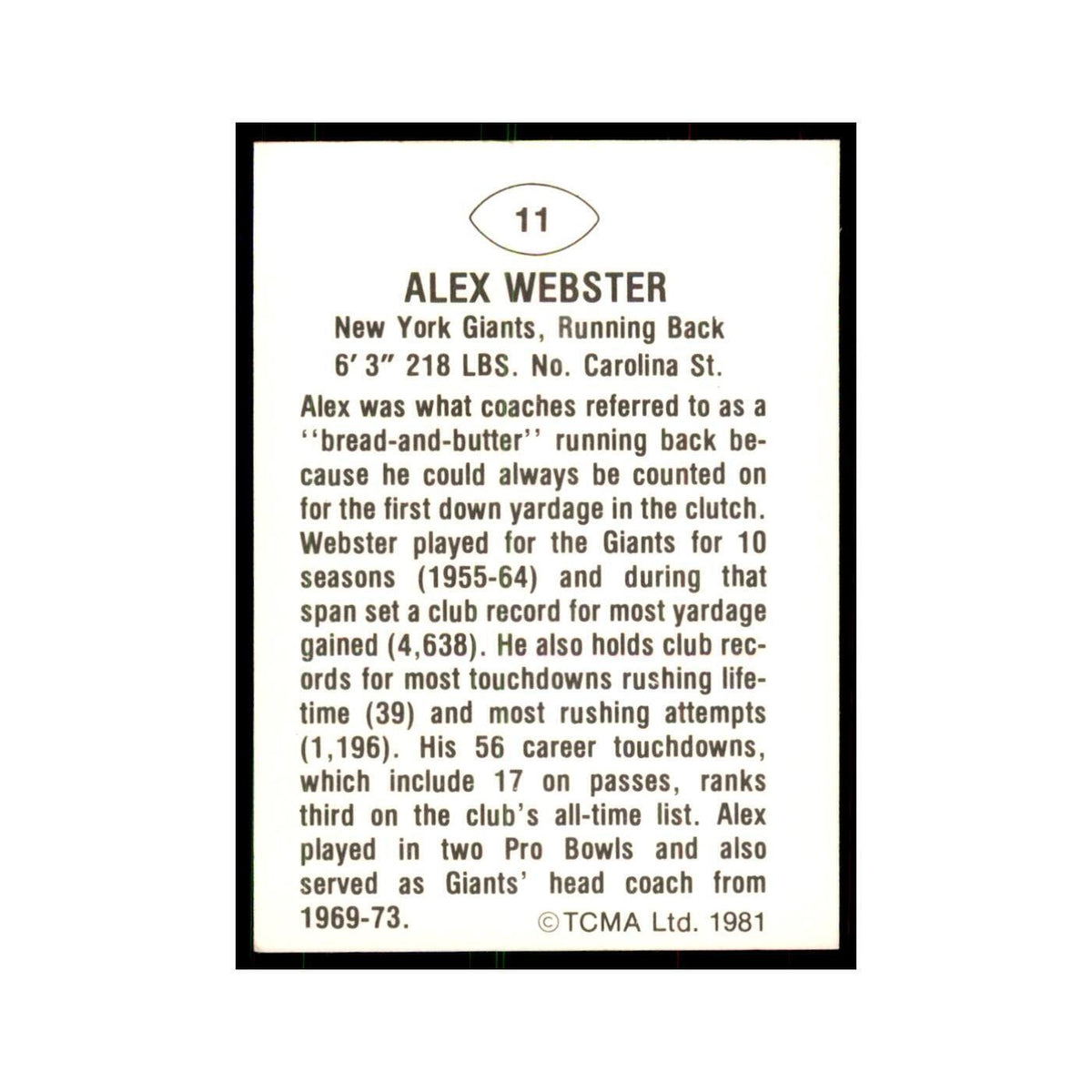 1981 TCMA Greats Alex Webster Giants #11