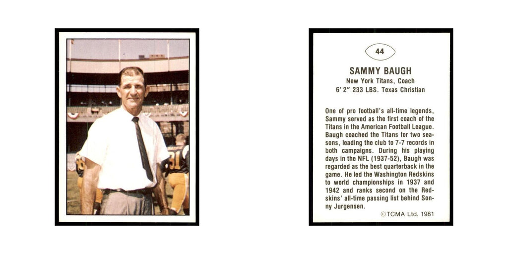 1981 TCMA Greats Sammy Baugh Redskins #44