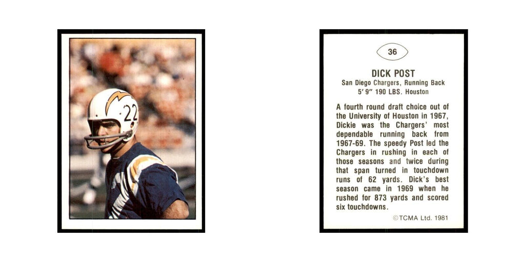 1981 TCMA Greats Dick Post San Diego Chargers #36
