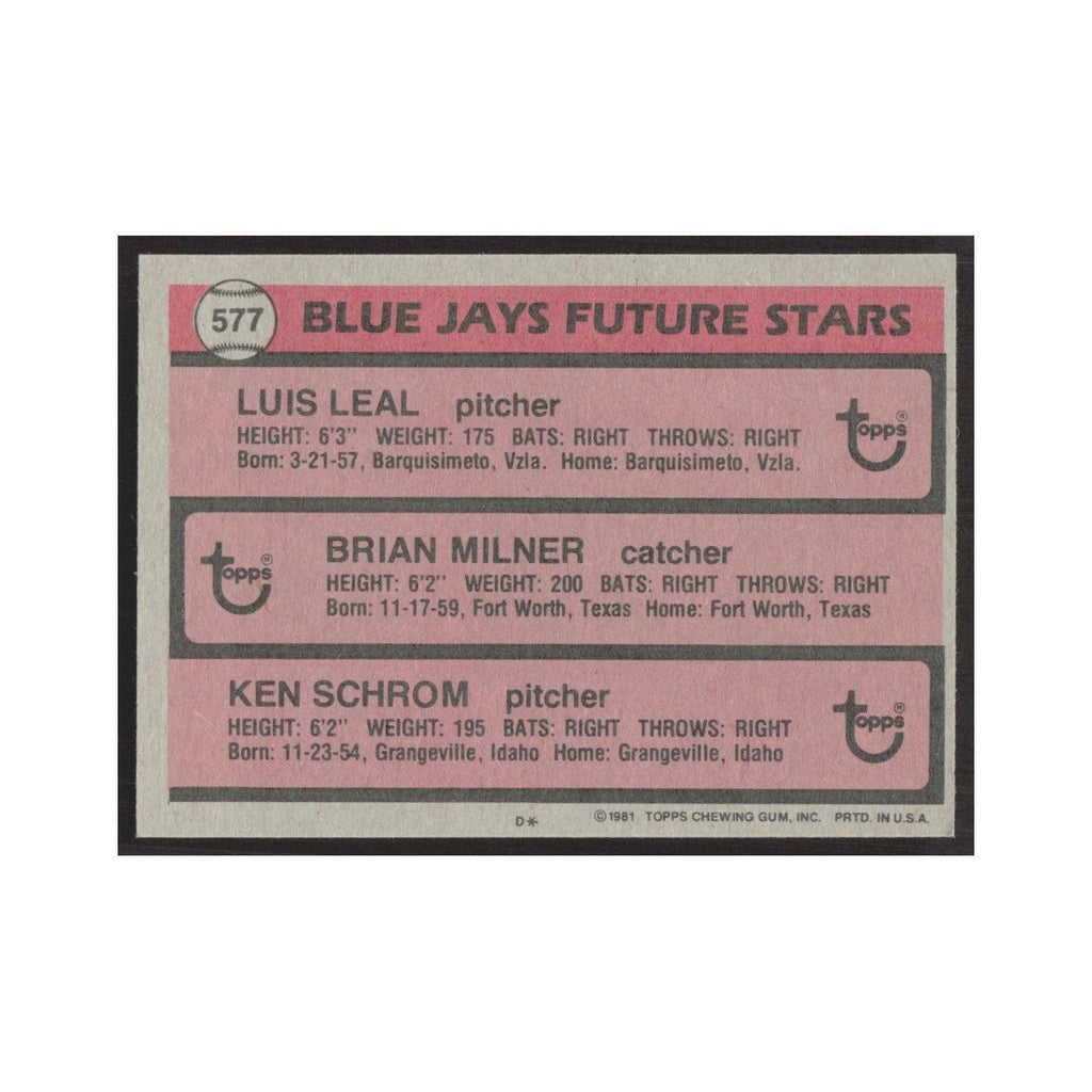 1981 Topps Luis Leal/Brian Milner/Ken Schrom Blue Jays #577
