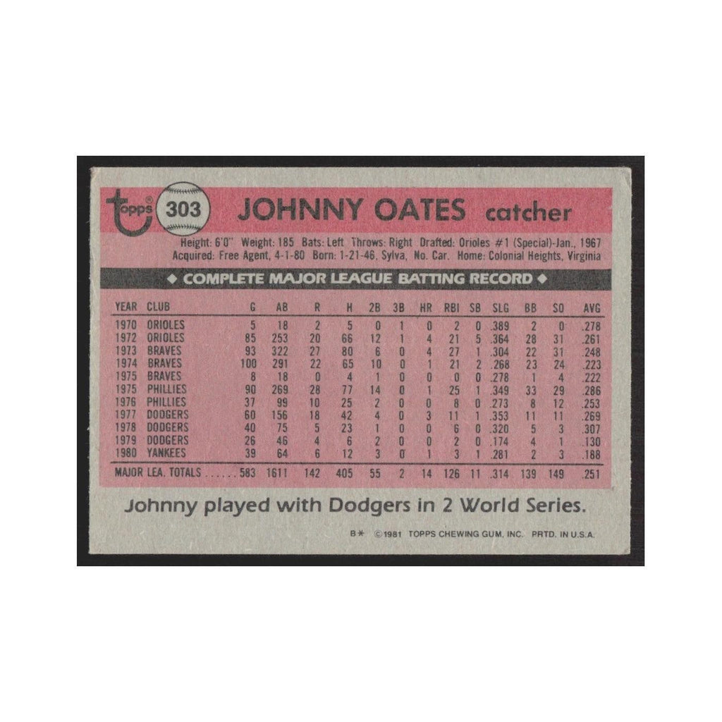 1981 Topps Johnny Oates Yankees #303