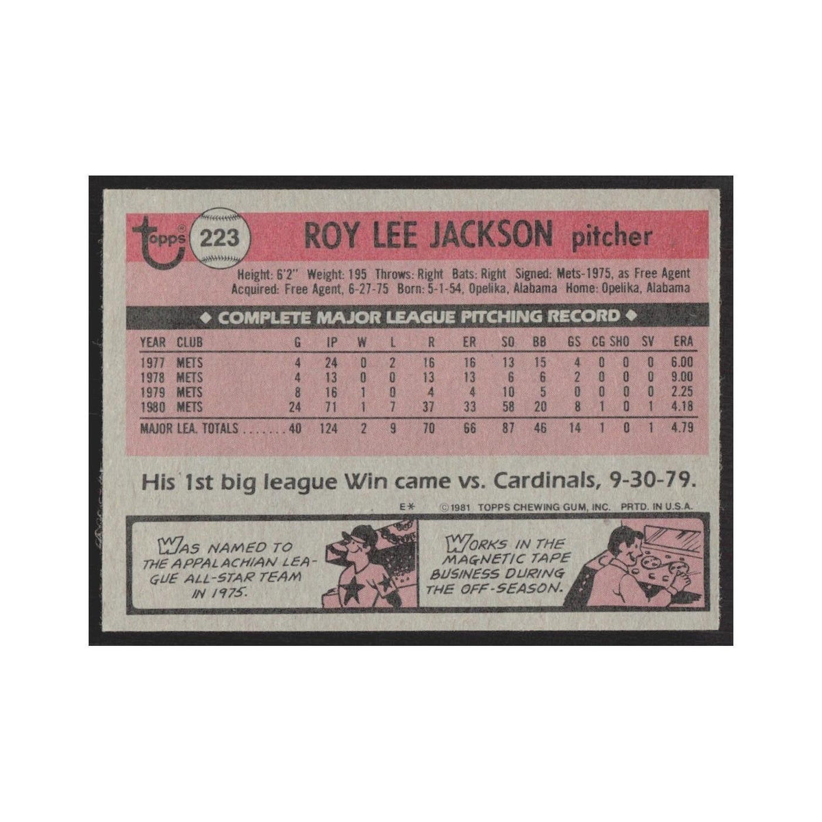 1981 Topps Roy Lee Jackson Mets #223