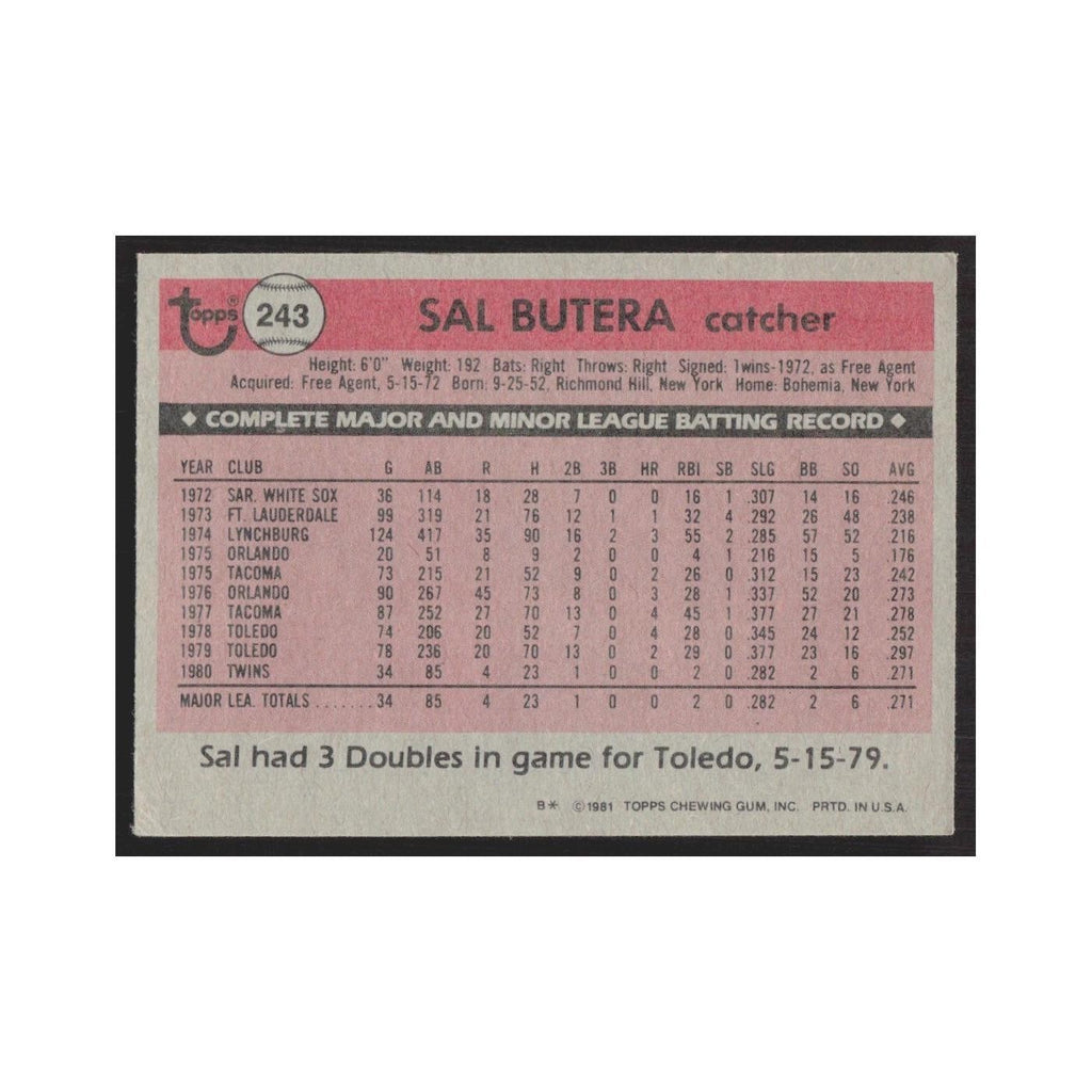 1981 Topps Sal Butera Twins #243
