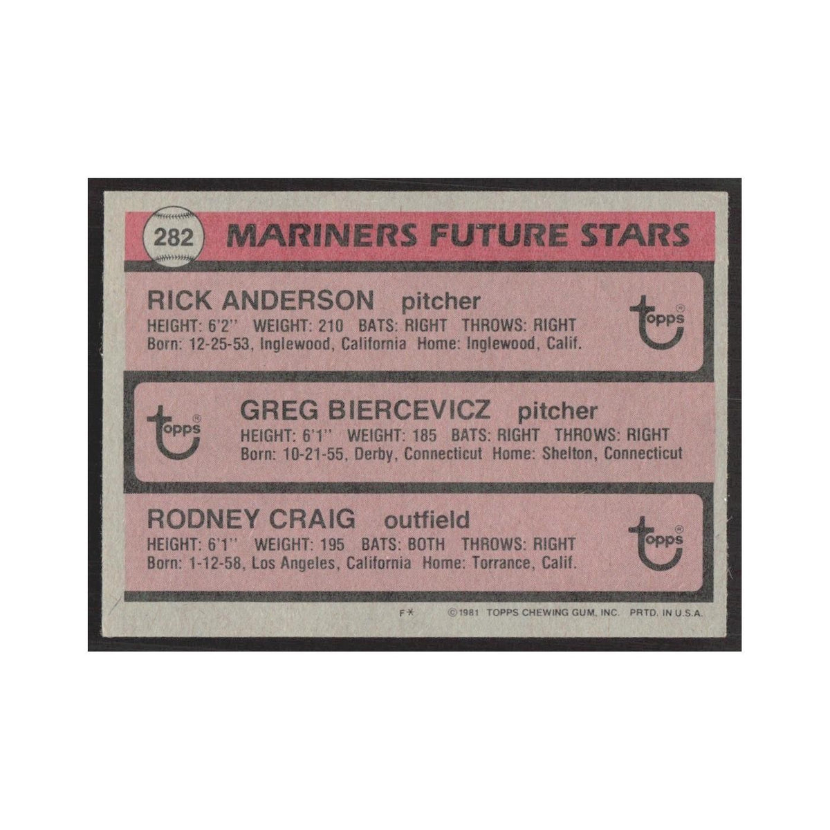 1981 Topps Rick Anderson/Greg Biercevicz/Rodney Craig Mariners #282