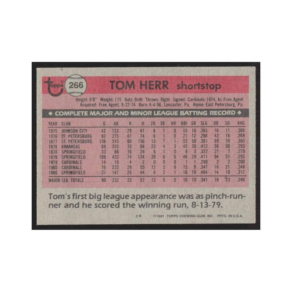 1981 Topps Tom Herr Cardinals #266