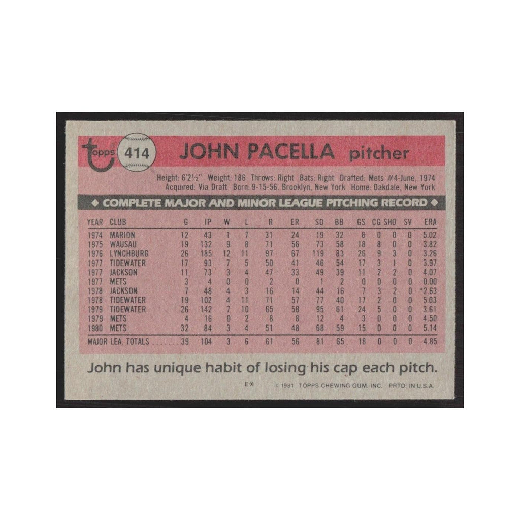 1981 Topps John Pacella Mets #414