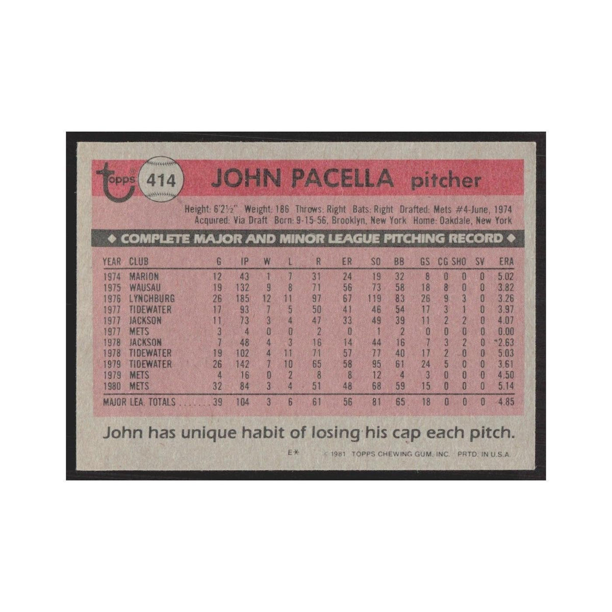 1981 Topps John Pacella Mets #414