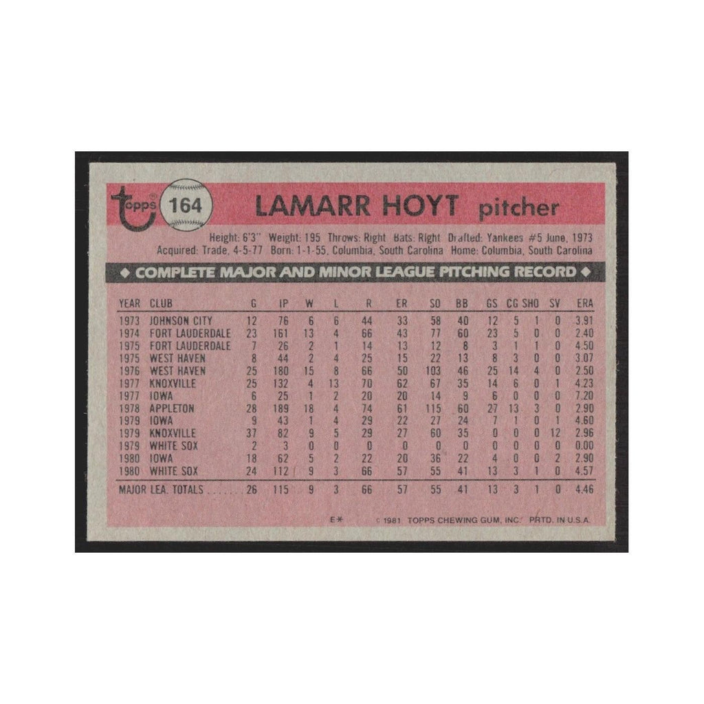 1981 Topps LaMarr Hoyt White Sox #164