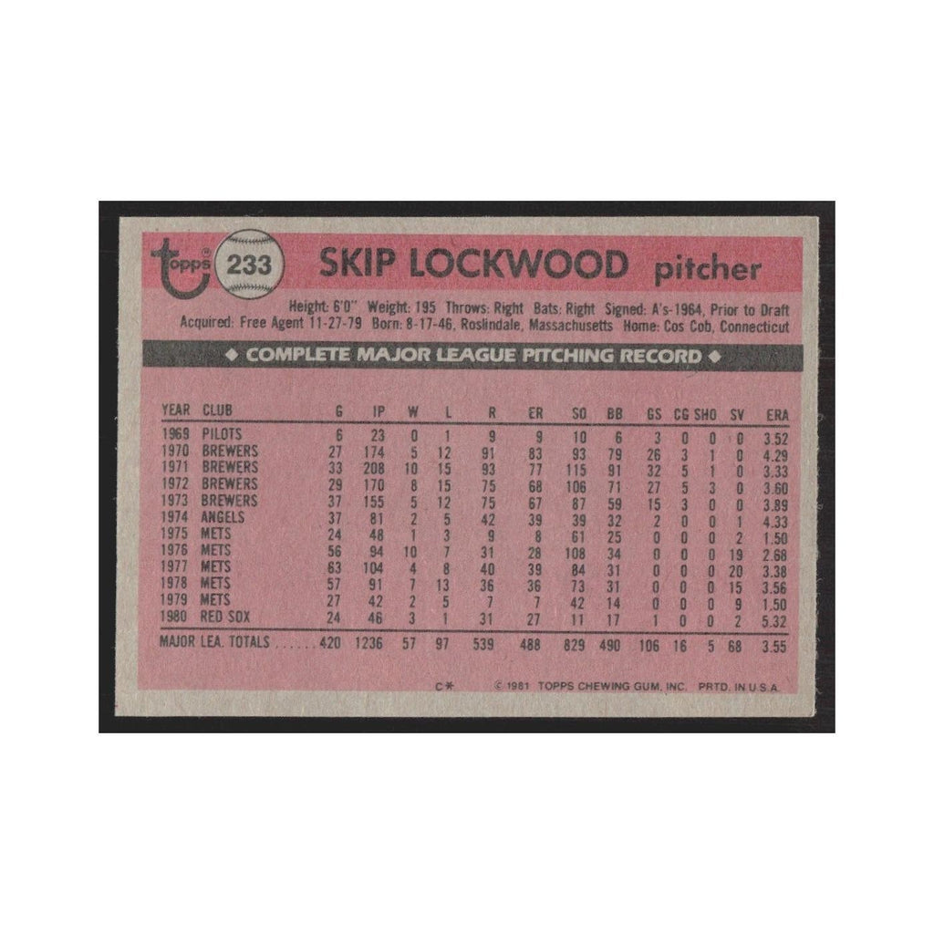 1981 Topps Skip Lockwood Red Sox #233