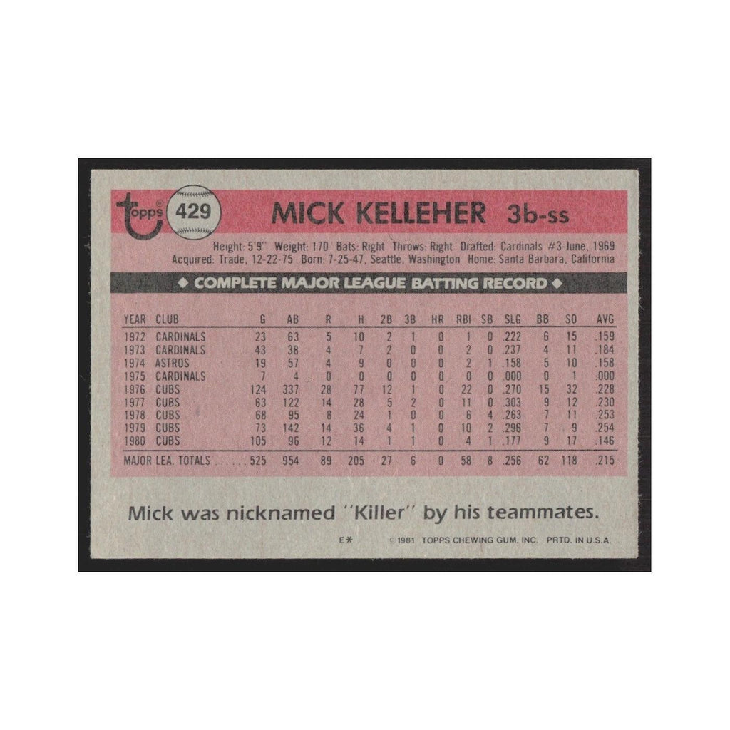 1981 Topps Mick Kelleher Cubs #429