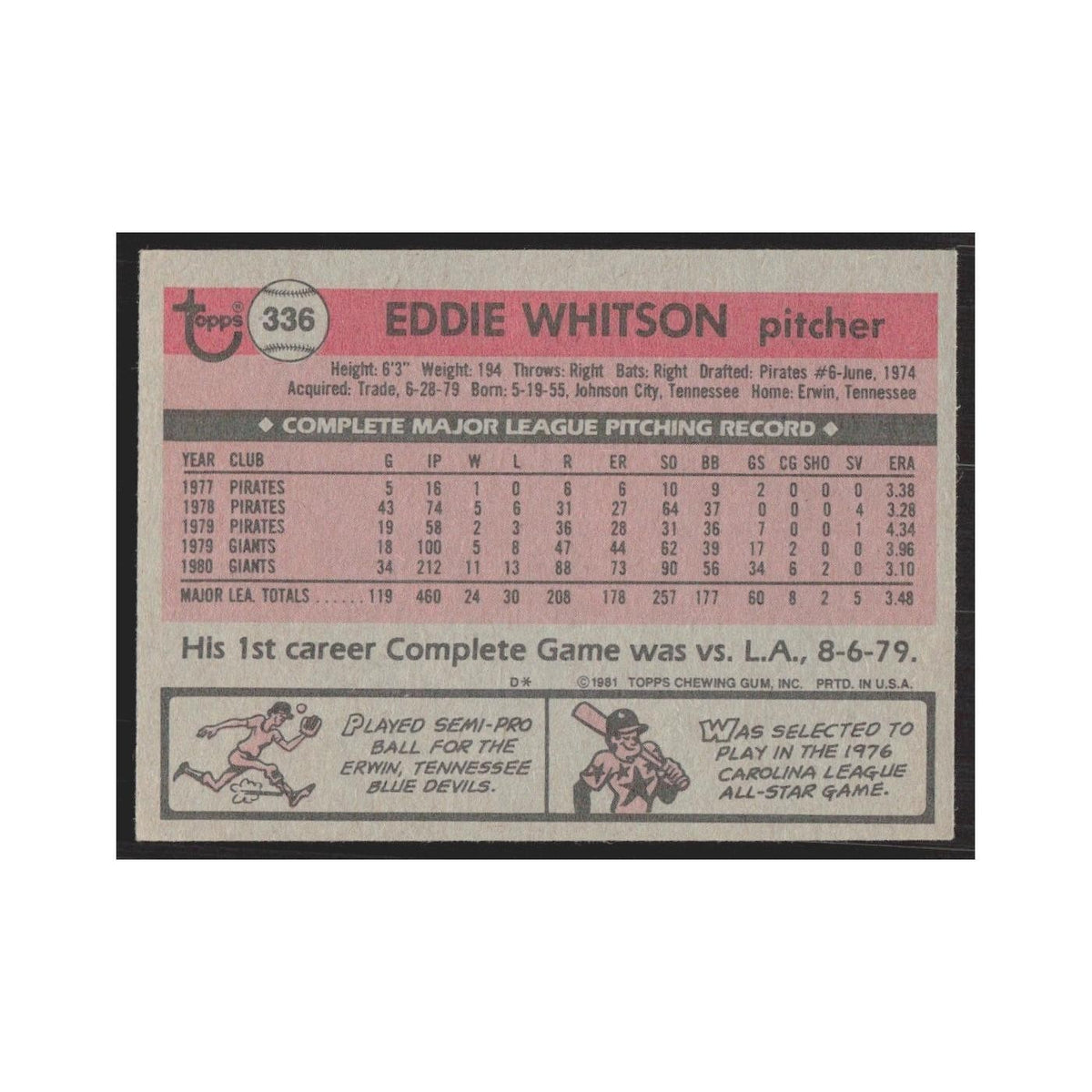 1981 Topps Eddie Whitson Giants #336