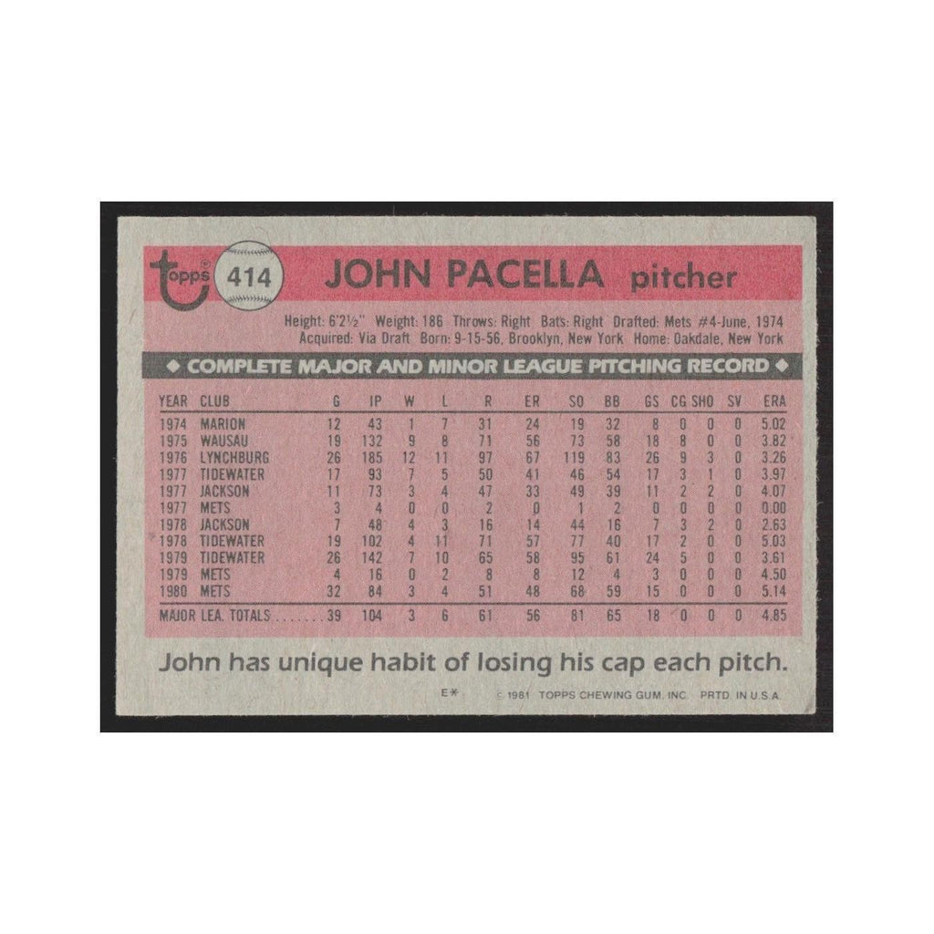 1981 Topps John Pacella Mets #414