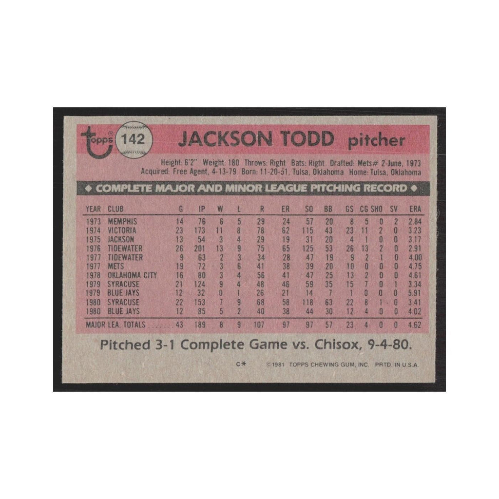 1981 Topps Jackson Todd Blue Jays #142