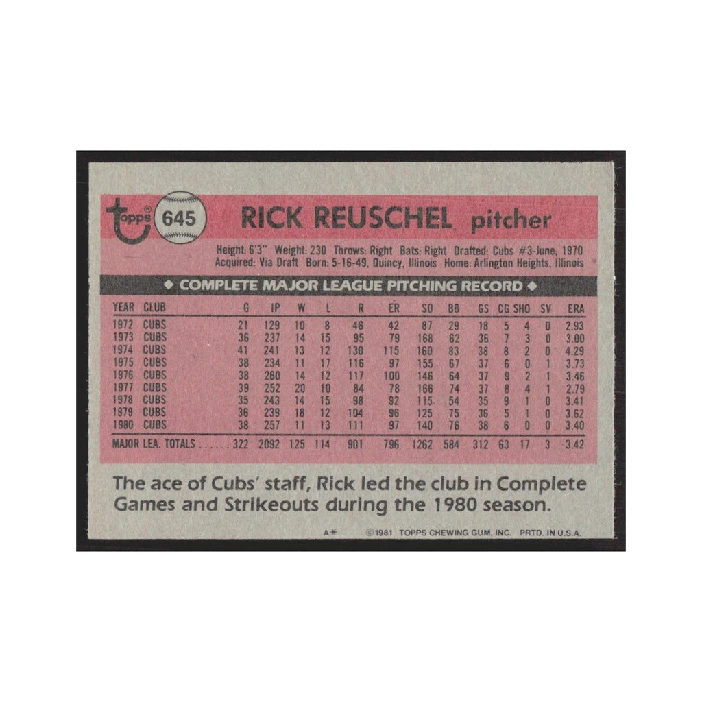 1981 Topps Rick Reuschel Cubs #645