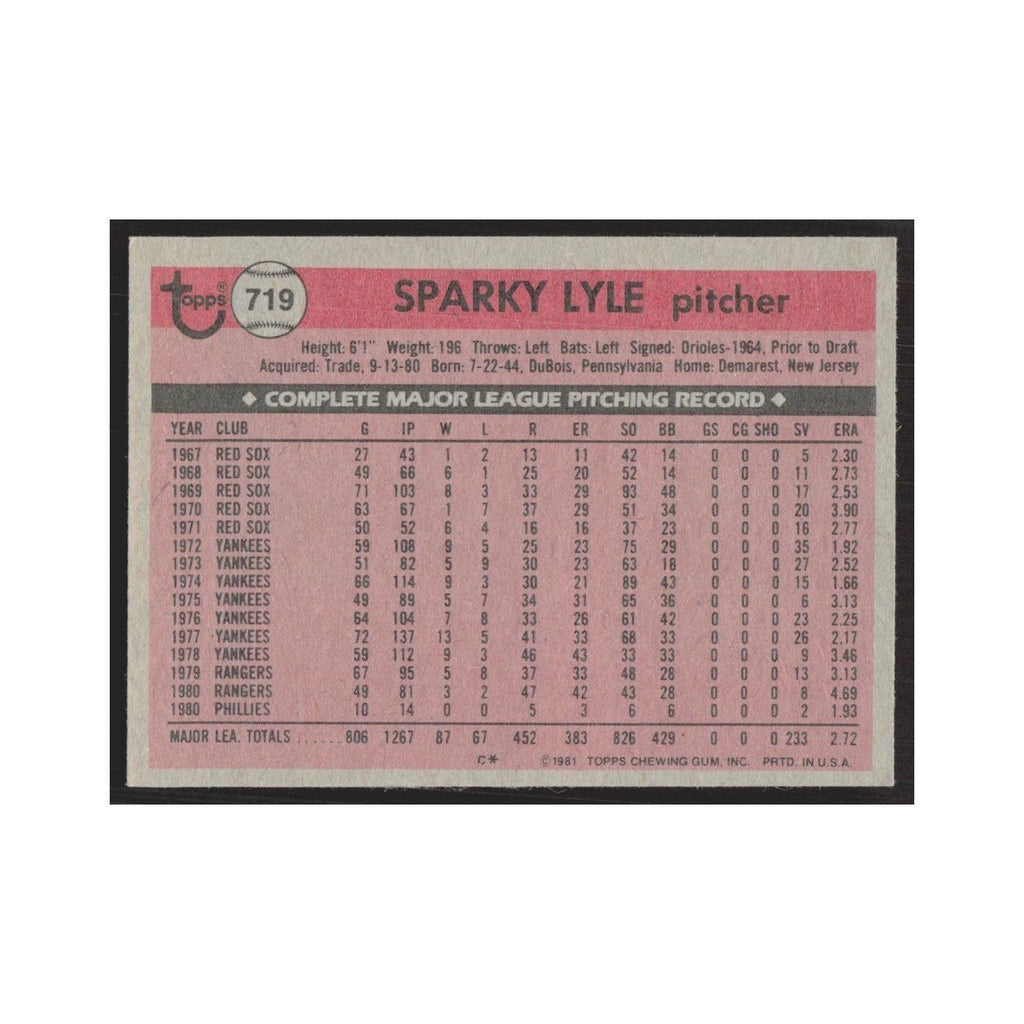 1981 Topps Sparky Lyle Phillies #719