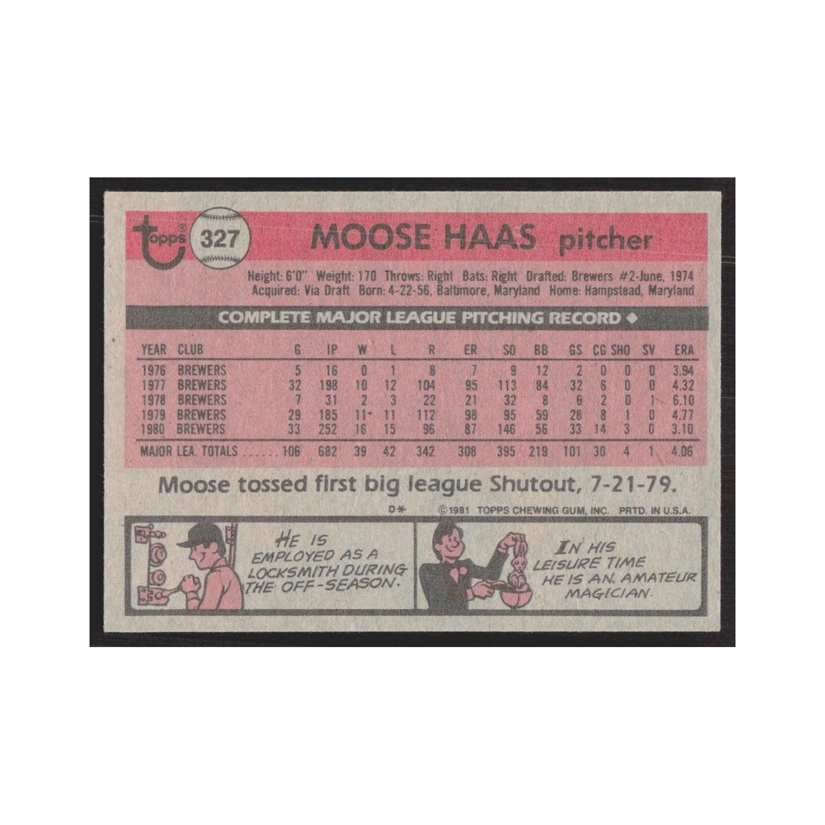 1981 Topps Moose Haas Brewers #327