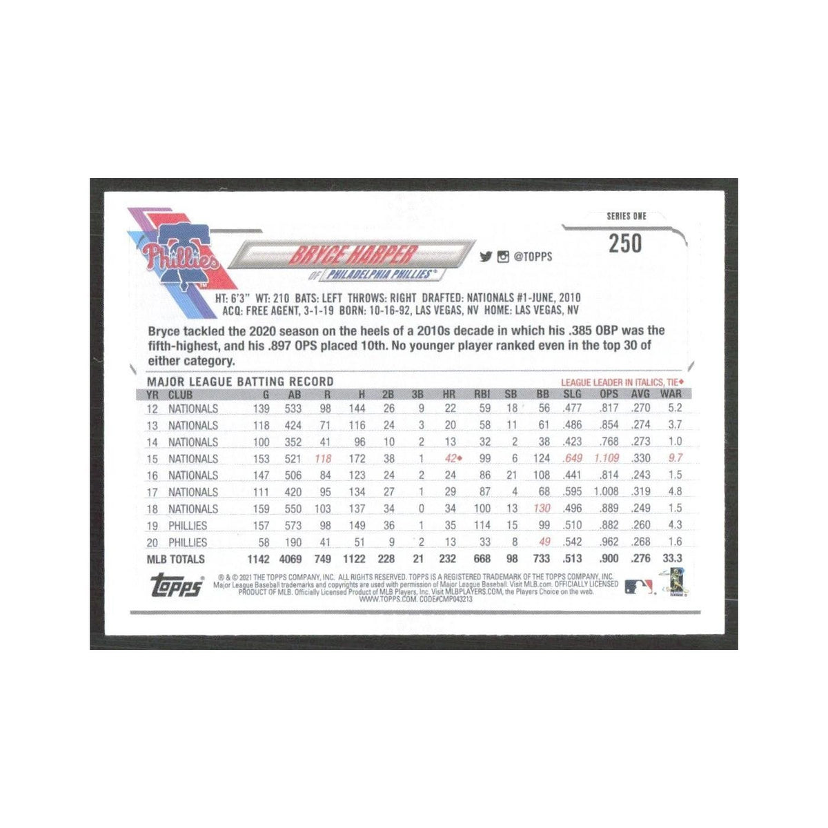 2021 Topps Bryce Harper Phillies #250