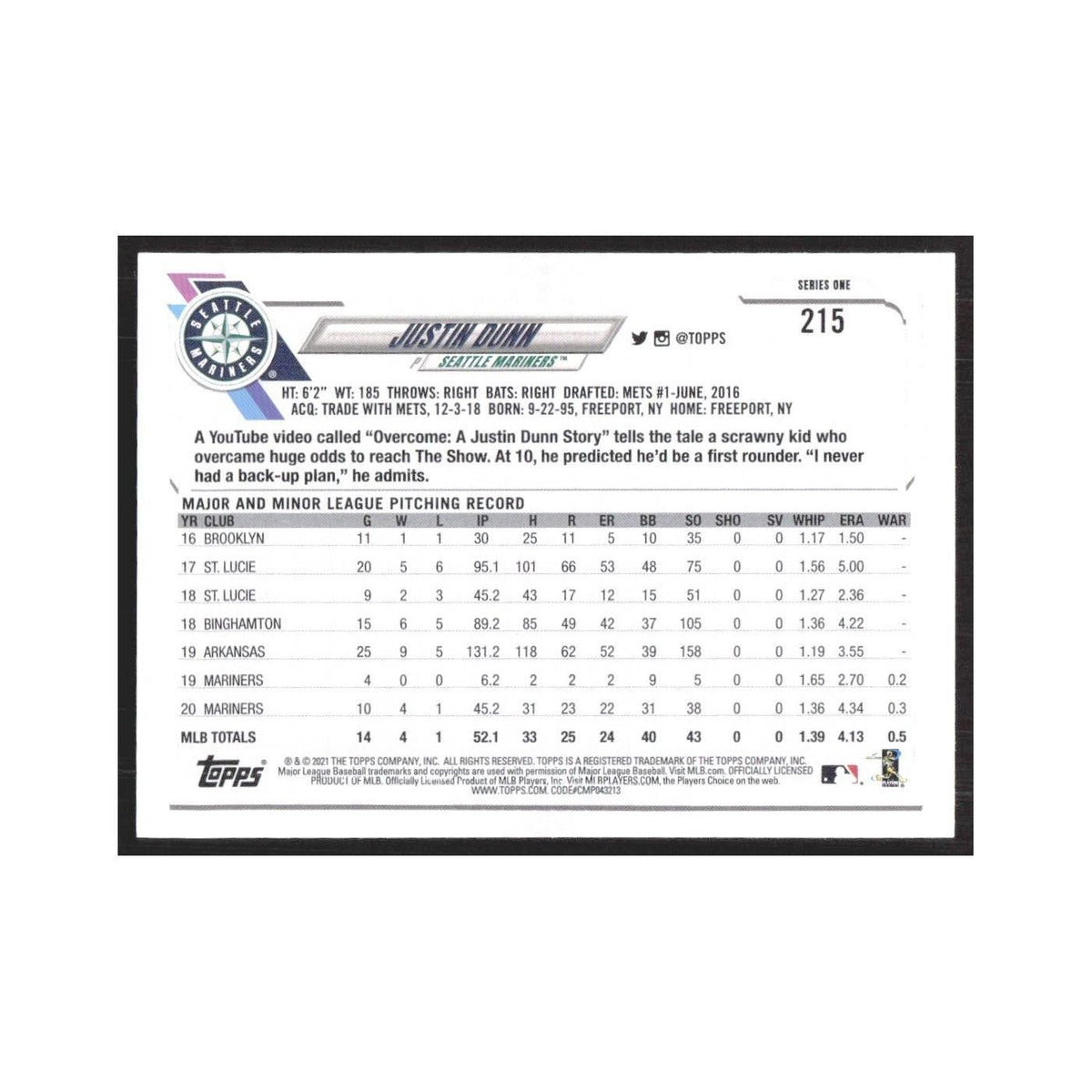 2021 Topps Justin Dunn Mariners #215