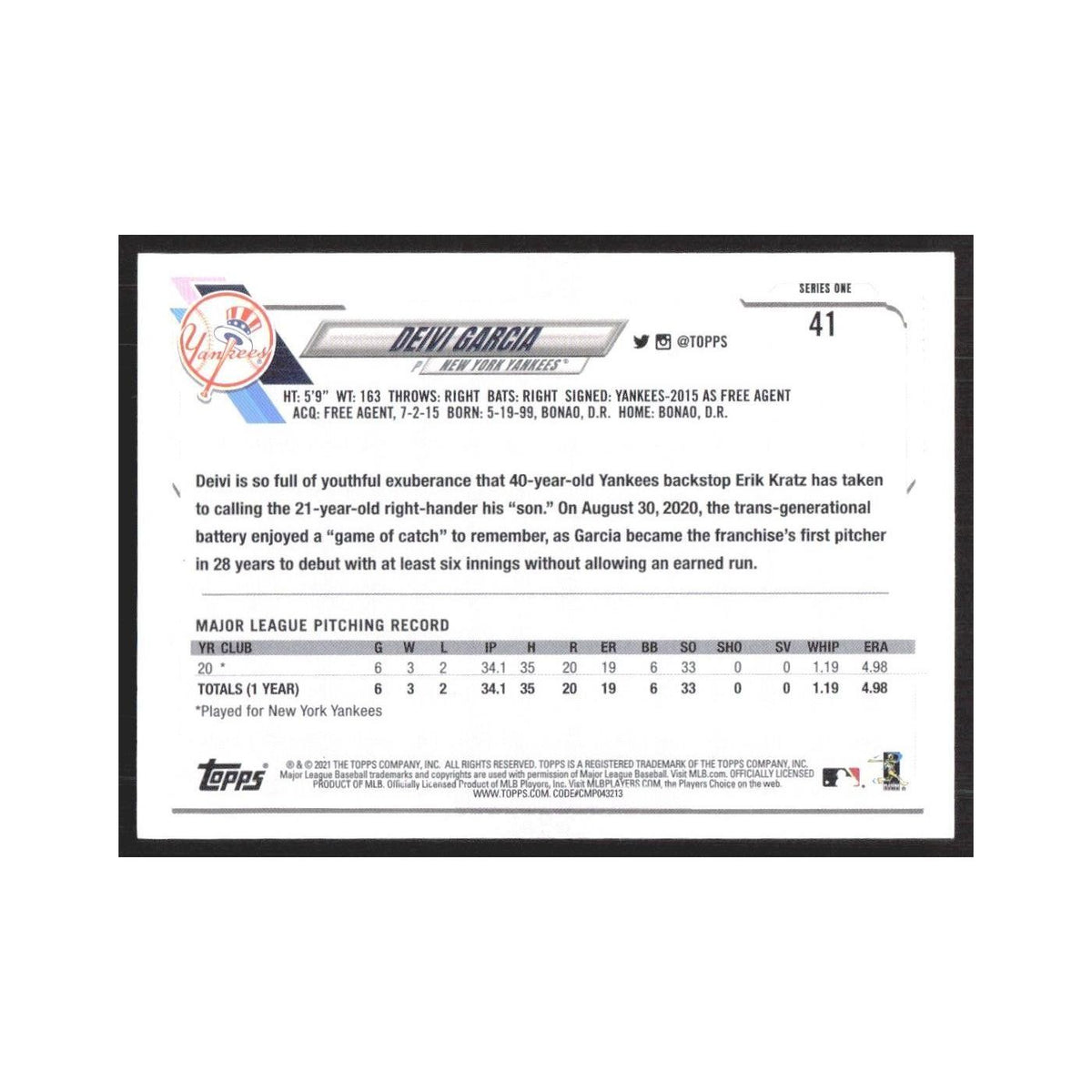 2021 Topps Deivi Garcia Yankees #41