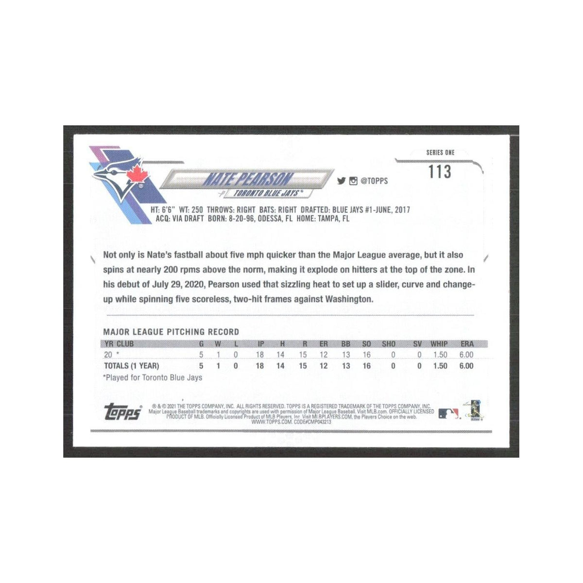 2021 Topps Nate Pearson Blue Jays #113