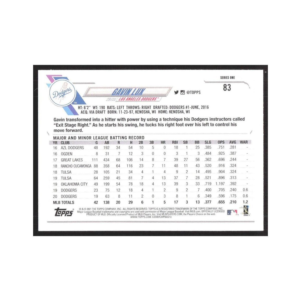 2021 Topps Gavin Lux Dodgers #83